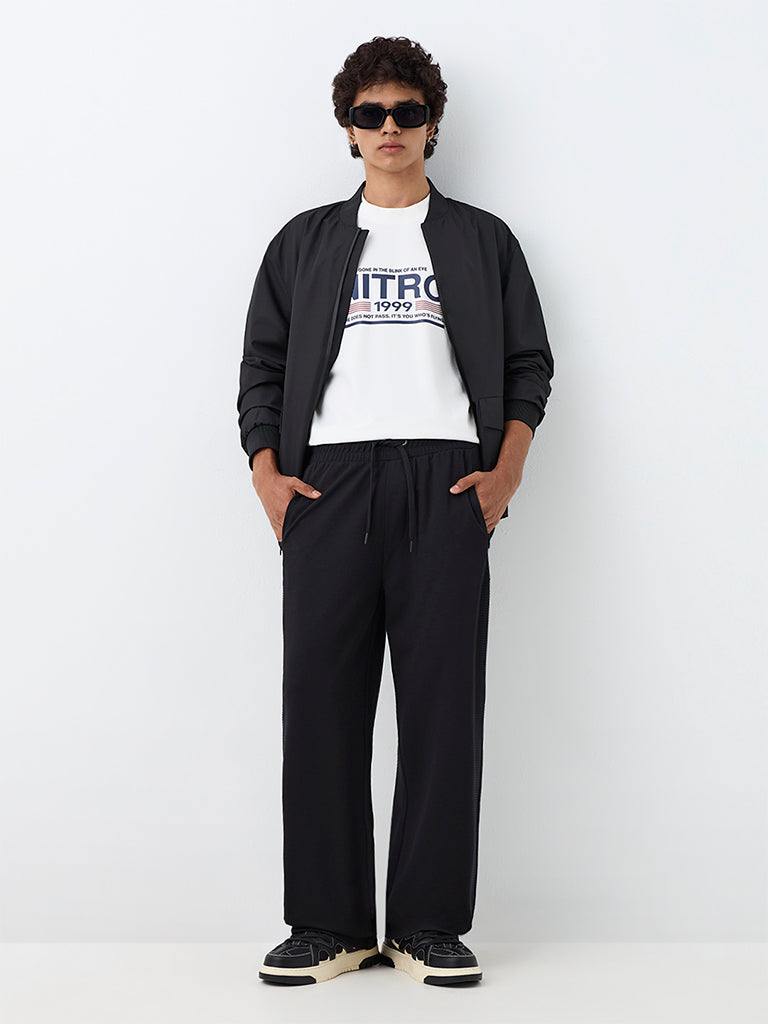 Nuoflexx Black Self-Striped Mid-Rise Cotton-Blend Track Pants