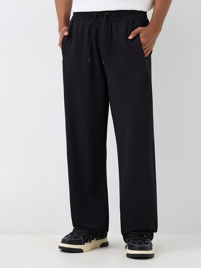 Nuoflexx Black Self-Striped Mid-Rise Cotton-Blend Track Pants