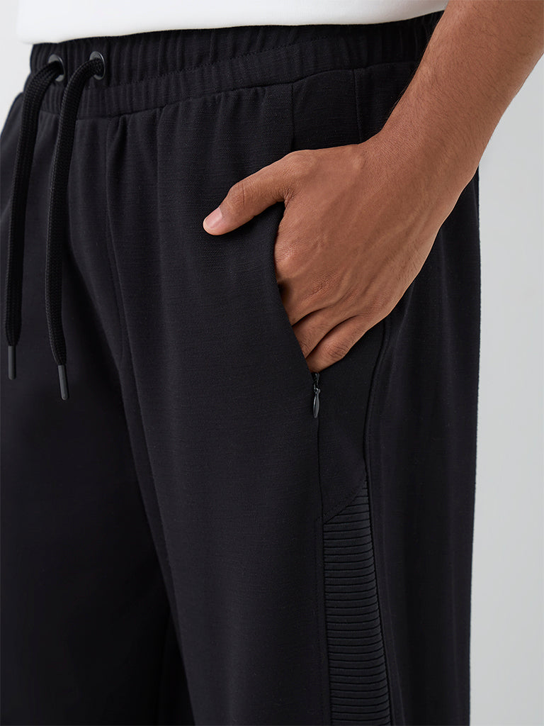 Nuoflexx Black Self-Striped Mid-Rise Cotton-Blend Track Pants