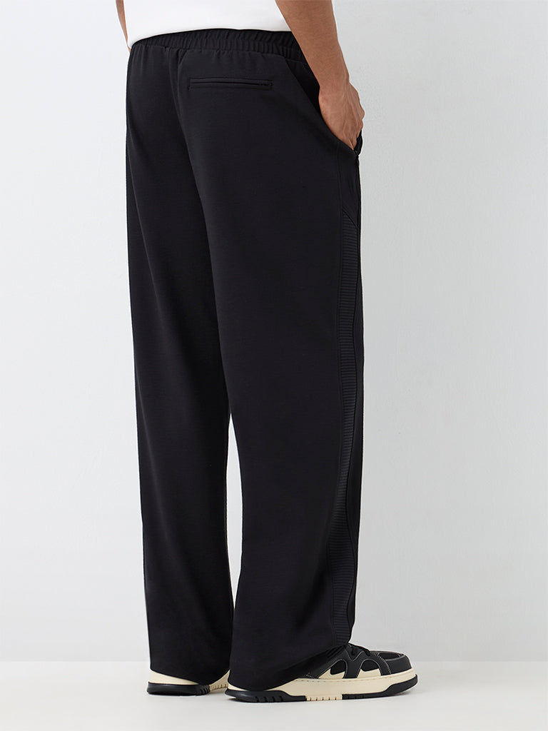 Nuoflexx Black Self-Striped Mid-Rise Cotton-Blend Track Pants