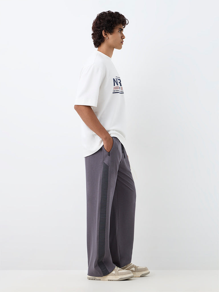 Nuoflexx Grey Self-Striped Mid-Rise Relaxed-Fit Cotton-Blend Track Pants