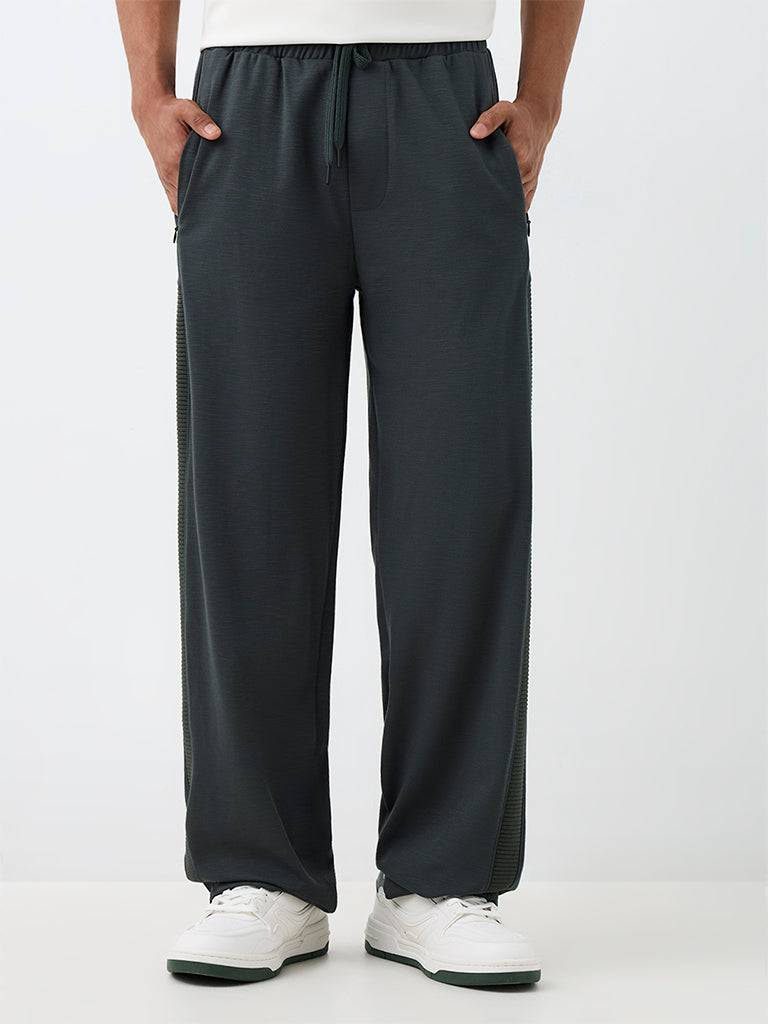 Nuoflexx Dark Green Self-Striped Mid-Rise Cotton-Blend Track Pants