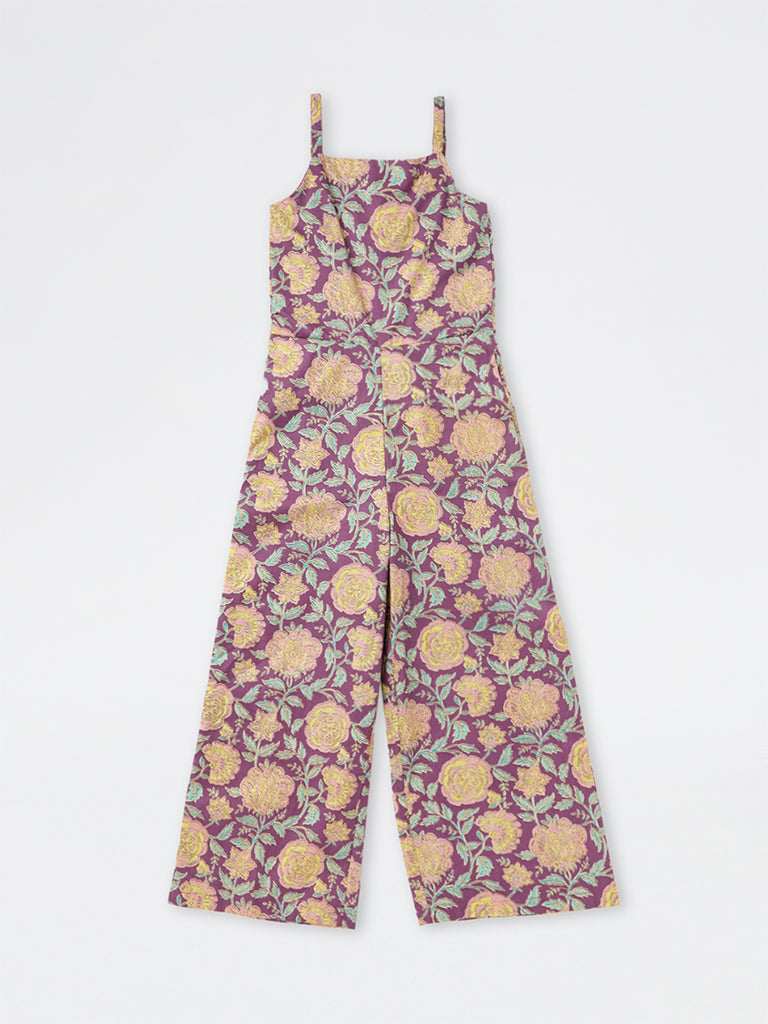 Utsa Kids Girls Purple Floral Printed Cotton Jumpsuit - (8-14 yrs)