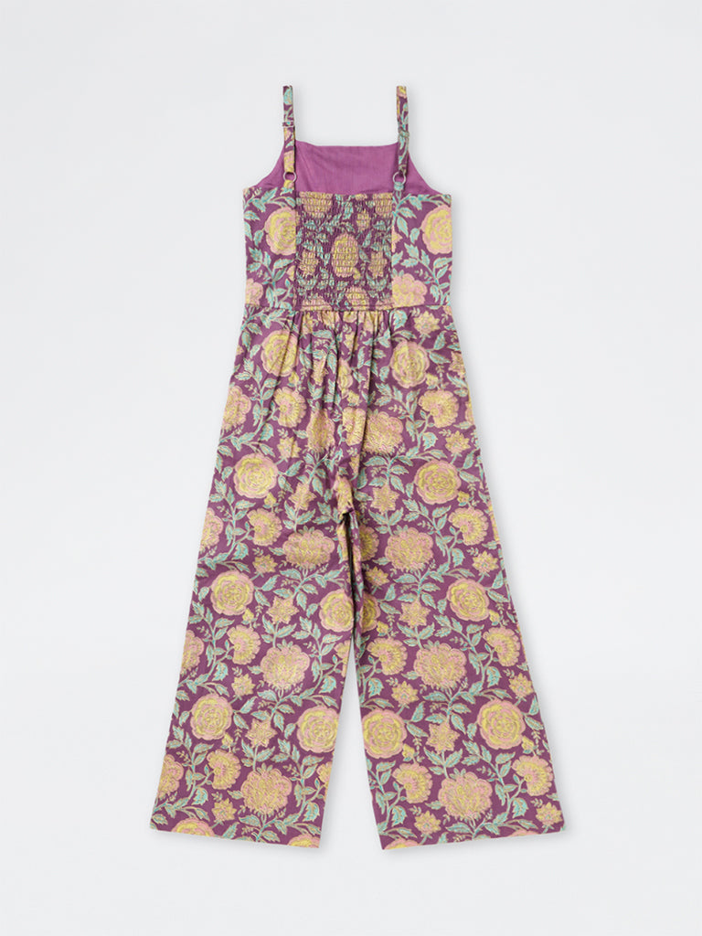 Utsa Kids Girls Purple Floral Printed Cotton Jumpsuit - (8-14 yrs)