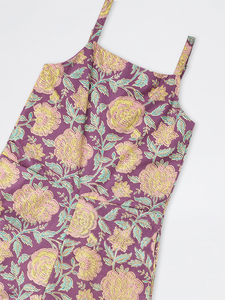 Utsa Kids Girls Purple Floral Printed Cotton Jumpsuit - (8-14 yrs)