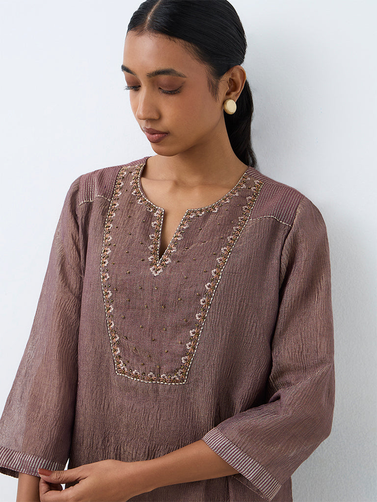 Zuba Brown Embellished A-Line Tissue Kurta