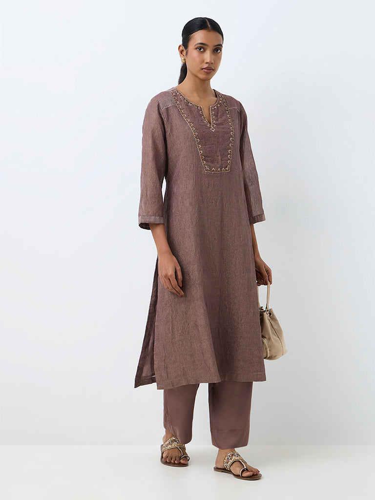 Zuba Brown Embellished A-Line Tissue Kurta