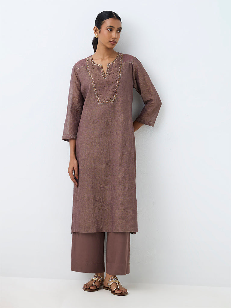 Zuba Brown Embellished A-Line Tissue Kurta