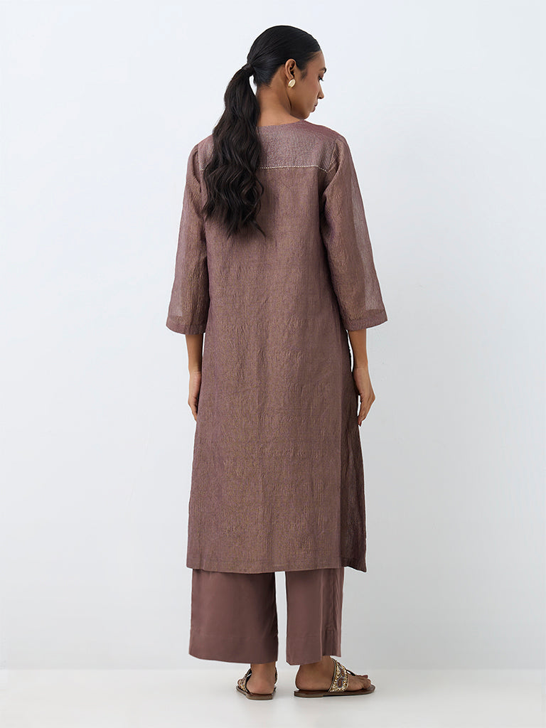 Zuba Brown Embellished A-Line Tissue Kurta