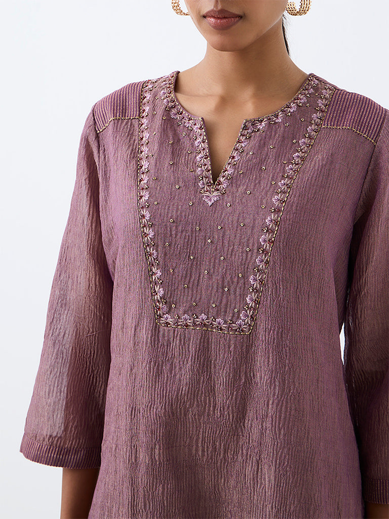 Zuba Dusty Mauve Embellished Tissue A-Line Kurta