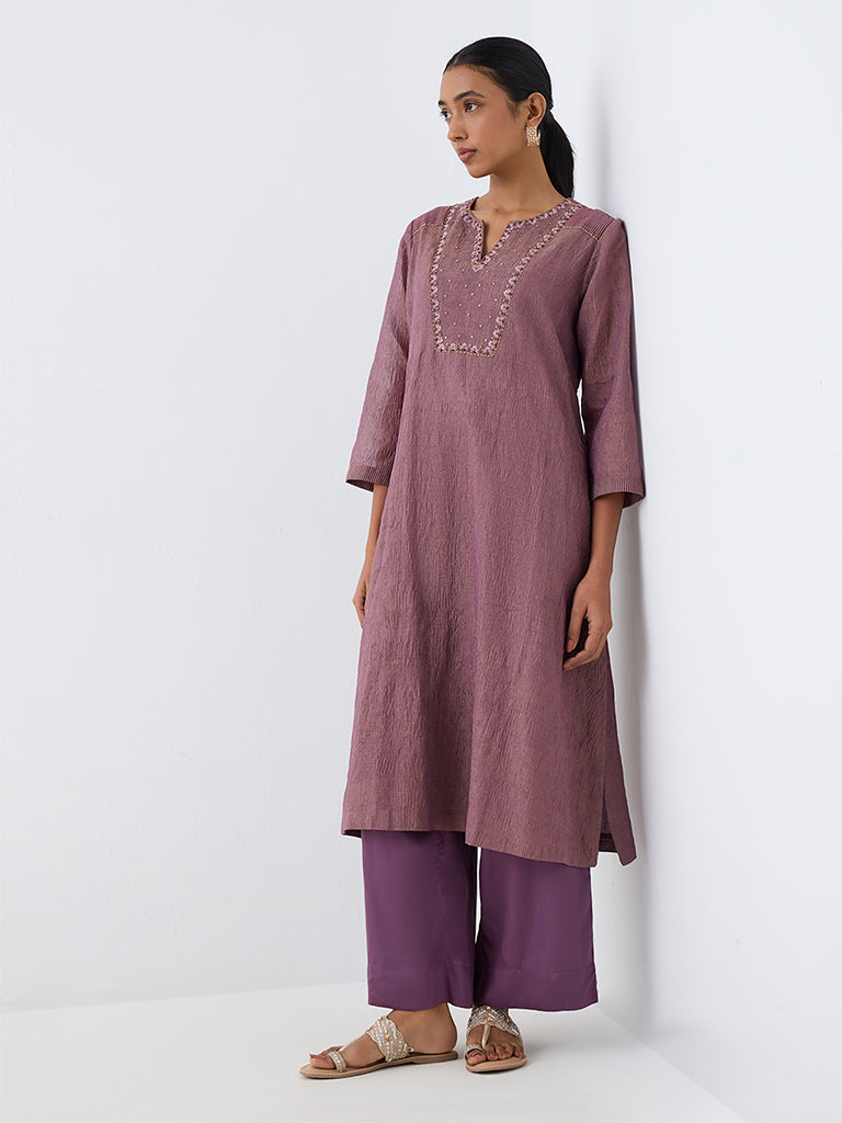 Zuba Dusty Mauve Embellished Tissue A-Line Kurta