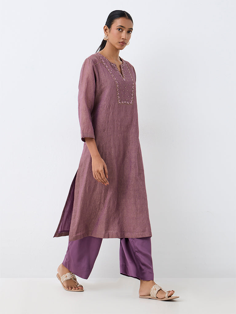 Zuba Dusty Mauve Embellished Tissue A-Line Kurta