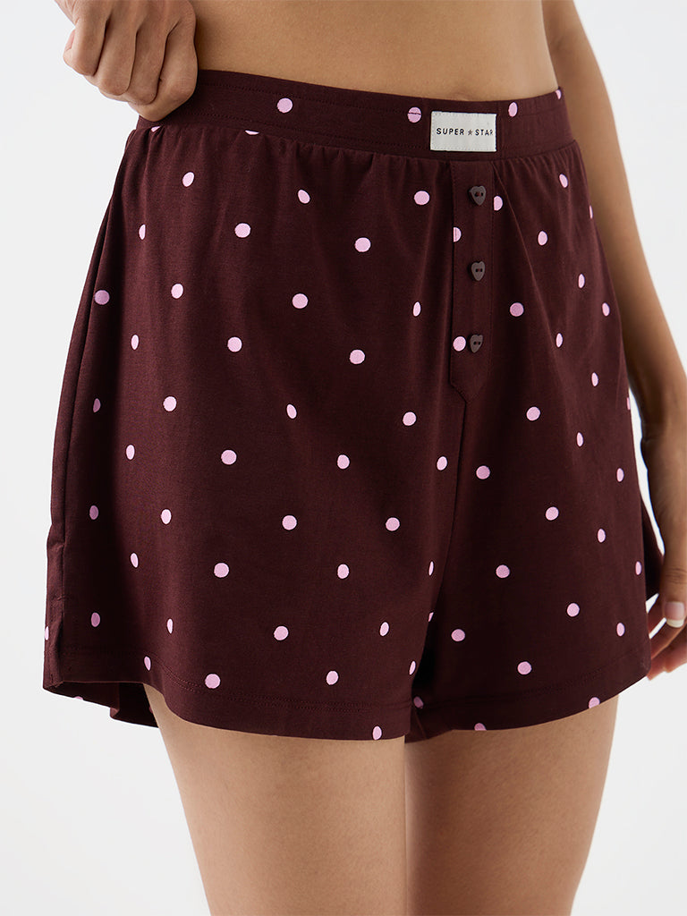 Superstar Dark Brown Polka Dot Printed High-Rise Cotton-Blend Shorts
