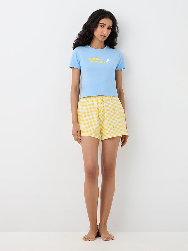 Superstar Yellow Gingham Checkered High-Rise Cotton-Blend Shorts