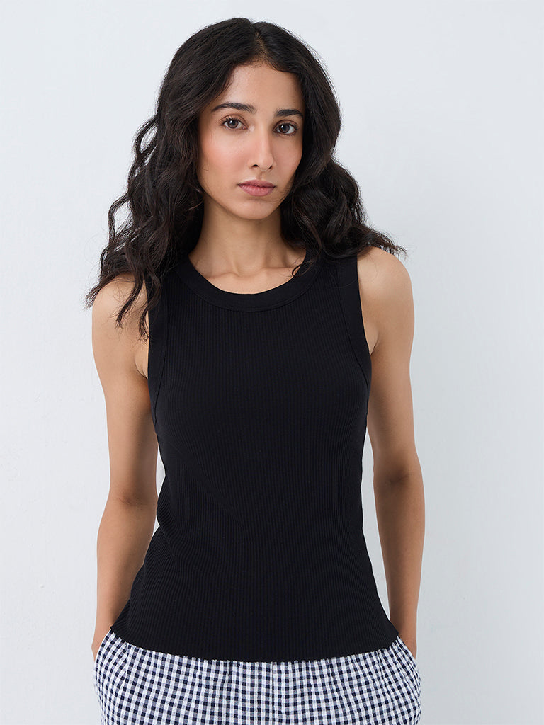 Superstar Black Ribbed-Textured Tank Top