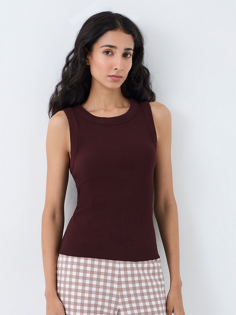 Superstar Dark Brown Ribbed-Textured Tank Top