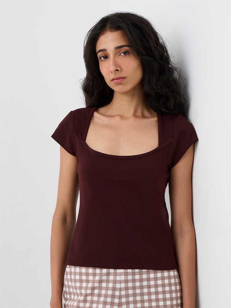 Superstar Dark Brown Solid Cotton-Blend Top