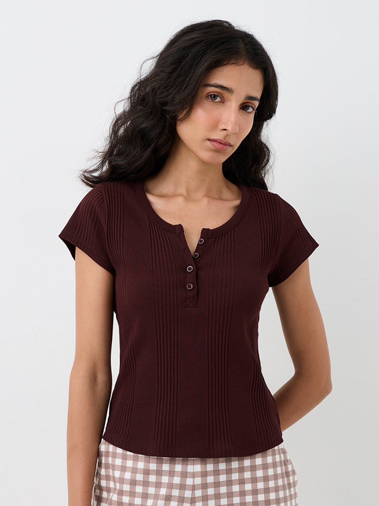 Superstar Dark Brown Ribbed Cotton-Blend Top