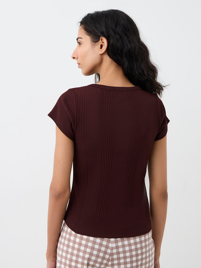 Superstar Dark Brown Ribbed Cotton-Blend Top