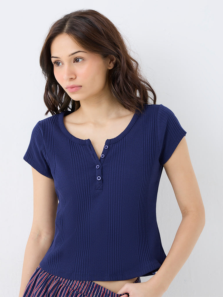 Superstar Dark Blue Ribbed-Textured Cotton-Blend Henley T-Shirt