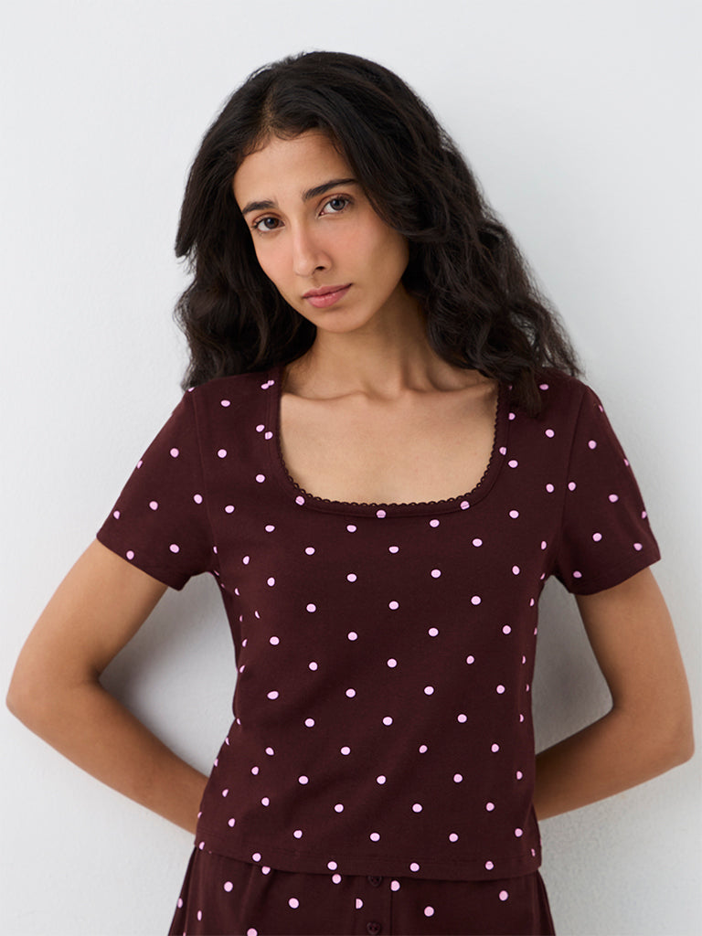 Superstar Dark Brown Polka Dot Printed Cotton-Blend Top
