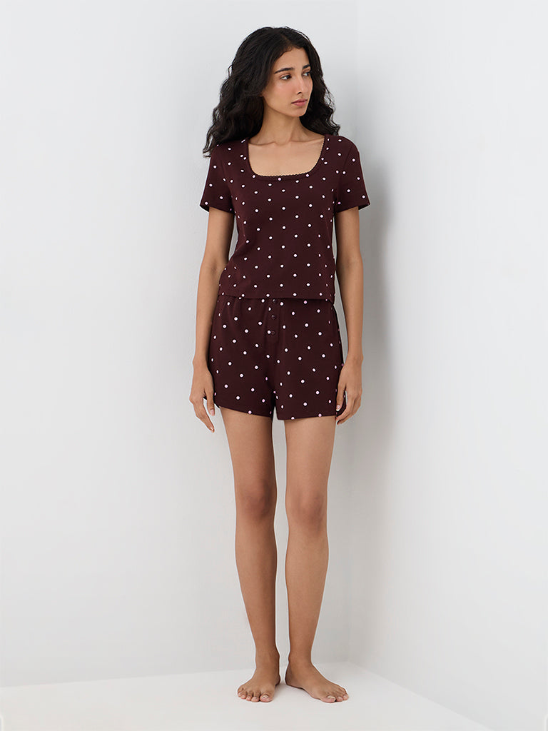 Superstar Dark Brown Polka Dot Printed Cotton-Blend Top