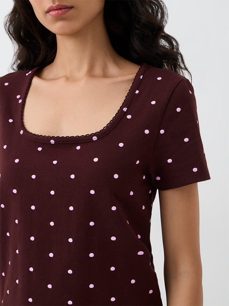 Superstar Dark Brown Polka Dot Printed Cotton-Blend Top