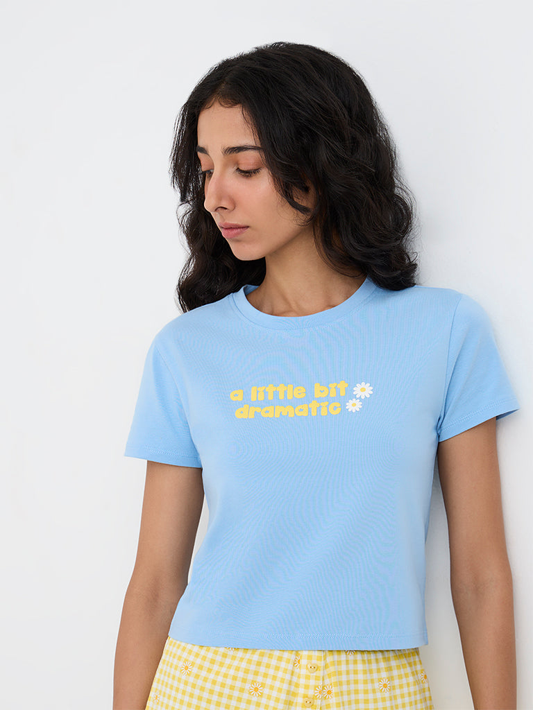 Superstar Light Blue Text Design Cotton-Blend T-Shirt