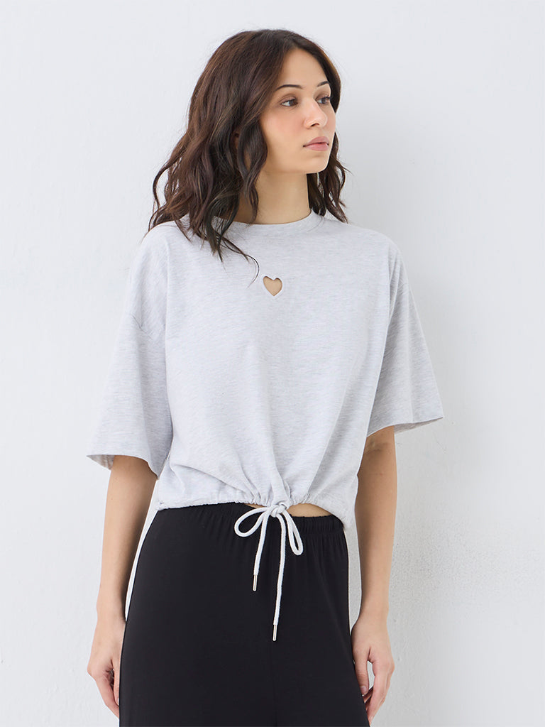 Superstar Grey Heart-Detail Cotton-Blend Top