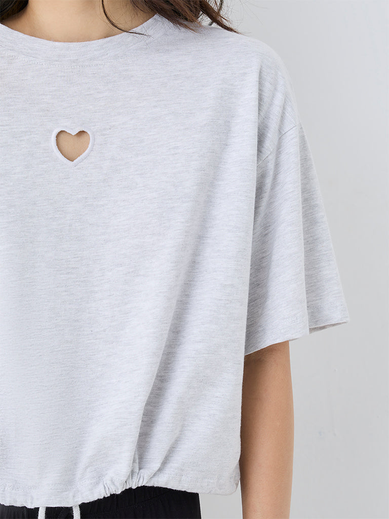 Superstar Grey Heart-Detail Cotton-Blend Top