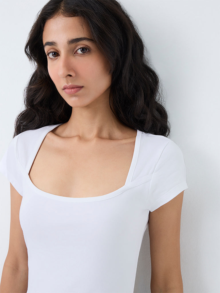 Superstar White Solid Cotton-Blend Top