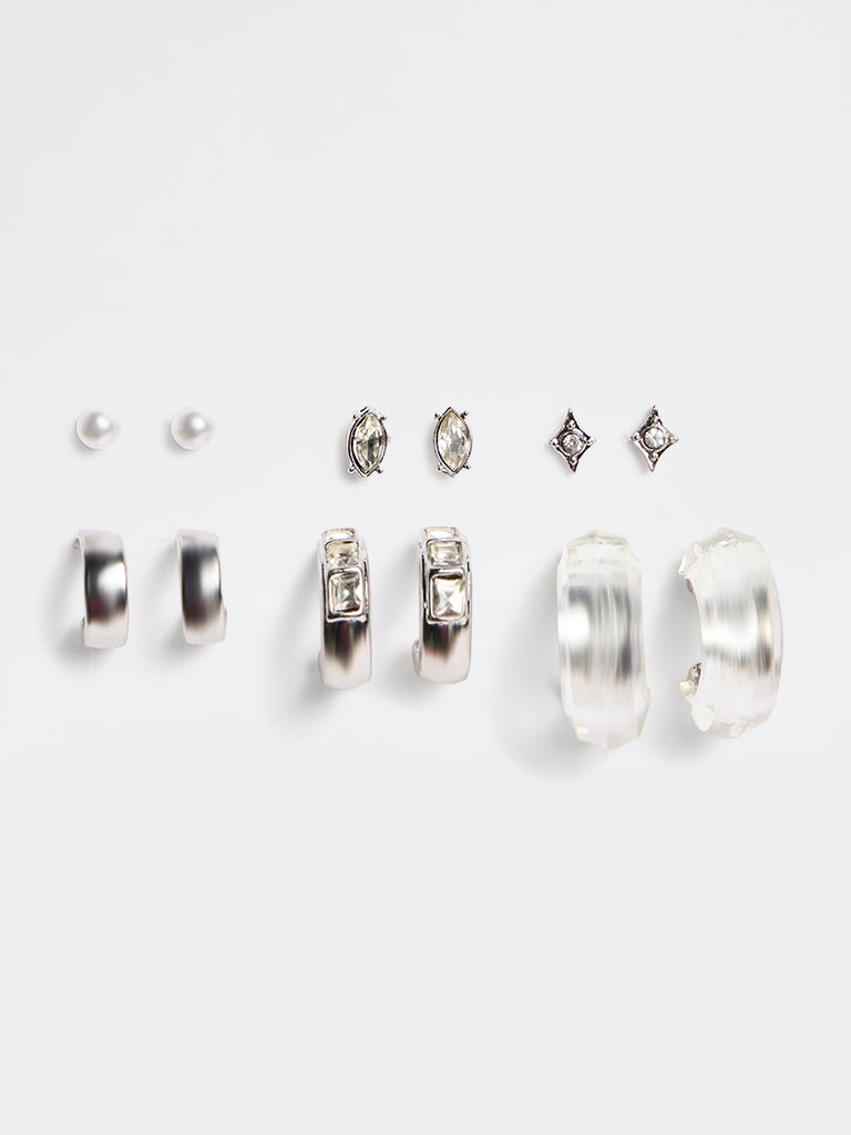 Westside Accessories Silver Stud and Hoop Earrings - Pack of 6