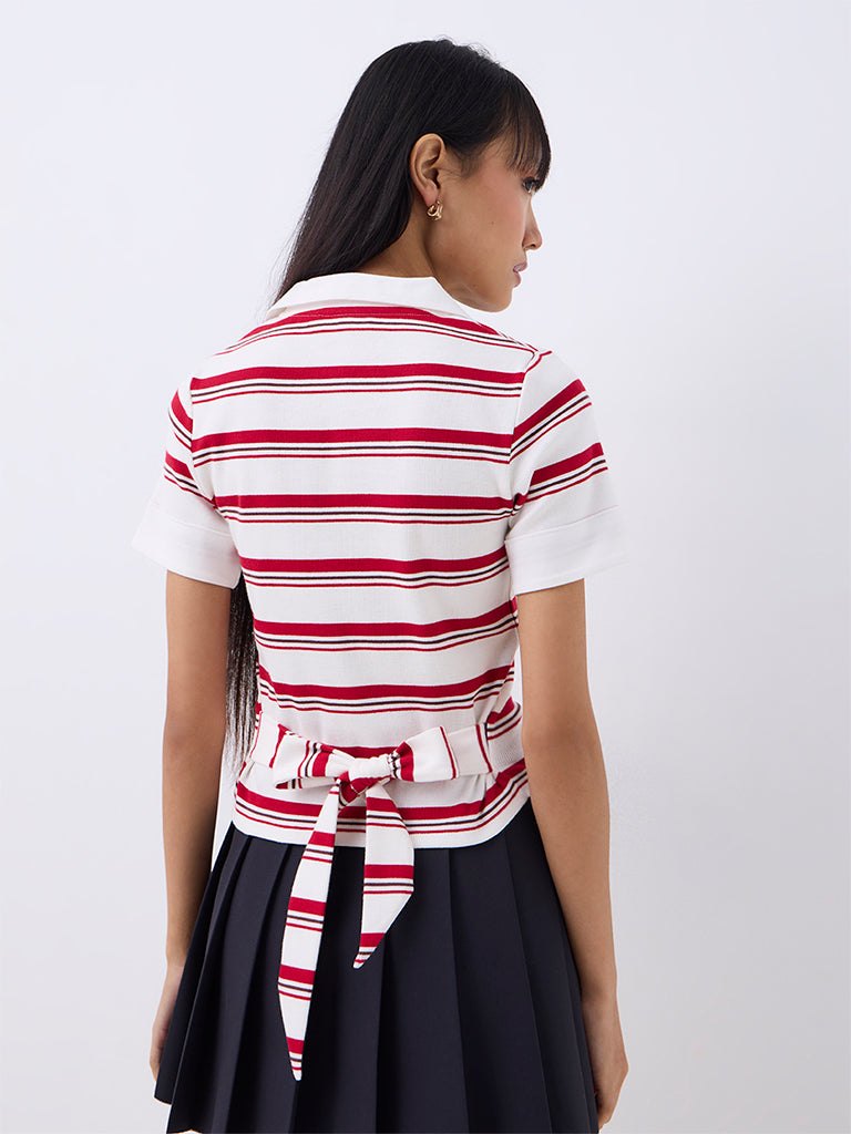 Nuon Off-White Striped Tie-Up Detail T-Shirt