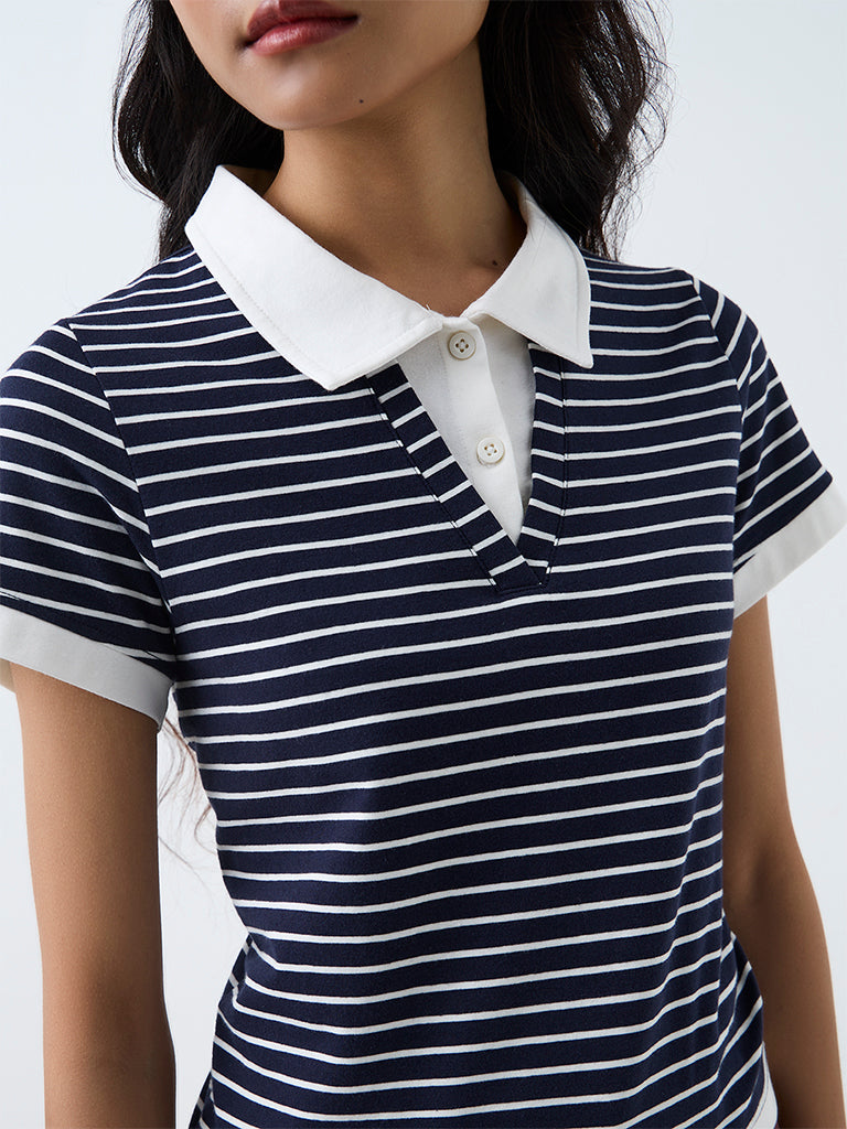 Nuon Navy Striped Cotton Polo T-Shirt