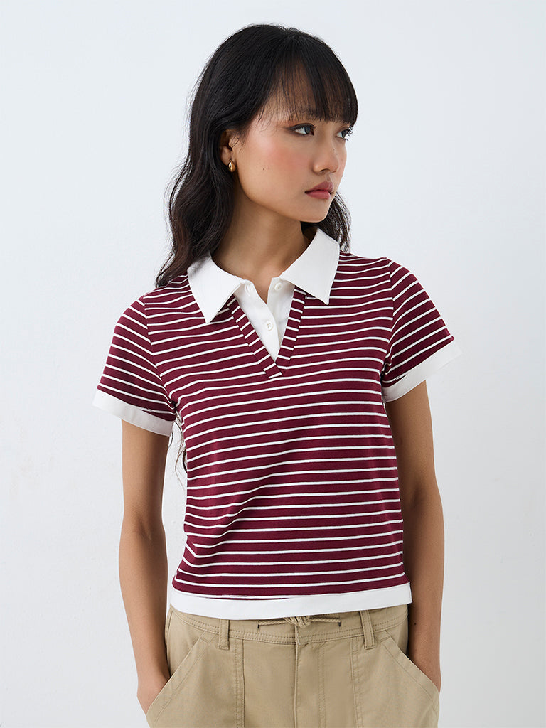 Nuon Burgundy Striped Cotton Polo T-Shirt
