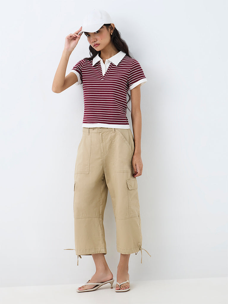 Nuon Burgundy Striped Cotton Polo T-Shirt