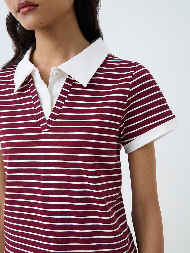 Nuon Burgundy Striped Cotton Polo T-Shirt