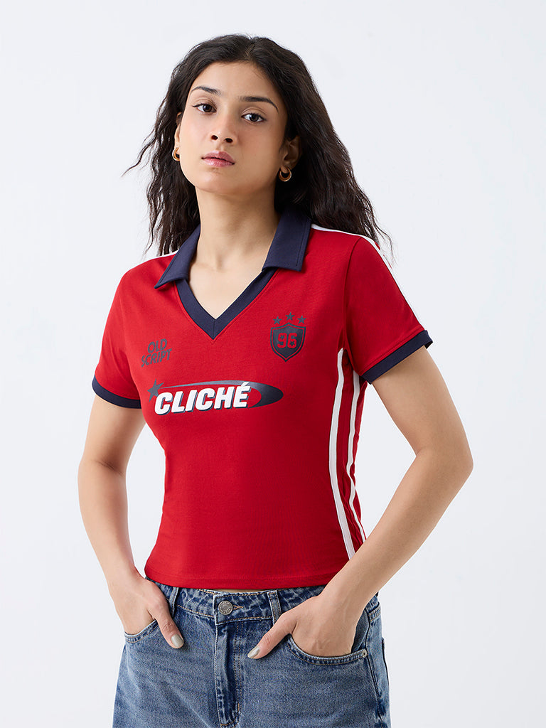 Nuon Red Typographic Cotton-Blend Polo T-Shirt