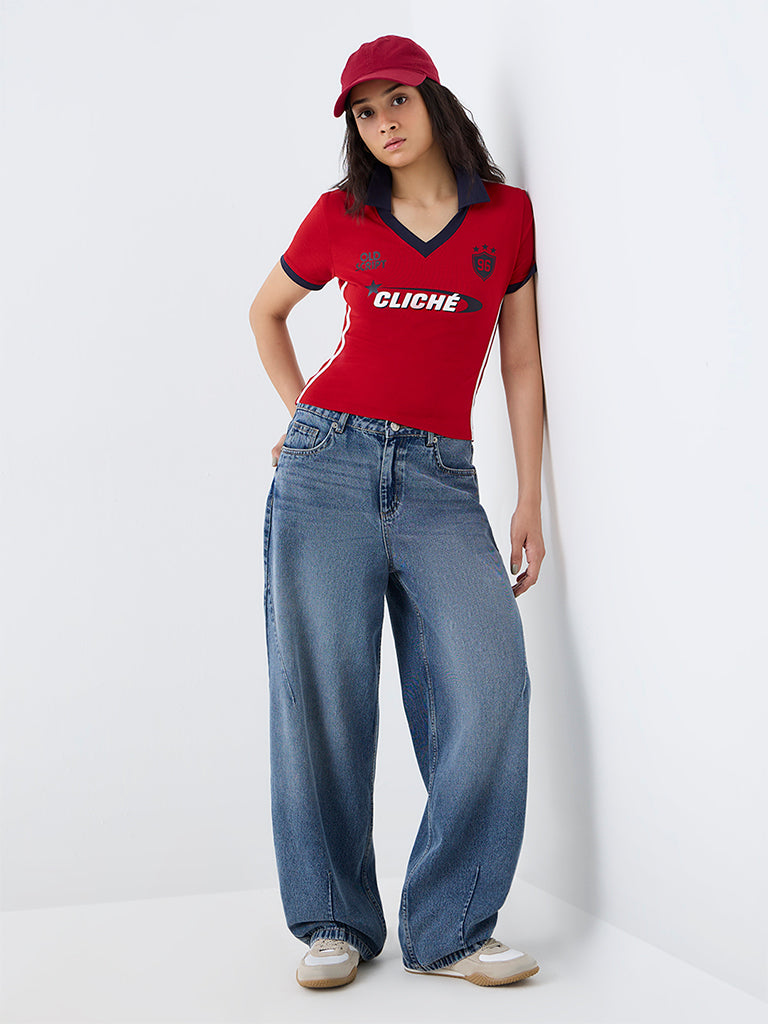 Nuon Red Typographic Cotton-Blend Polo T-Shirt