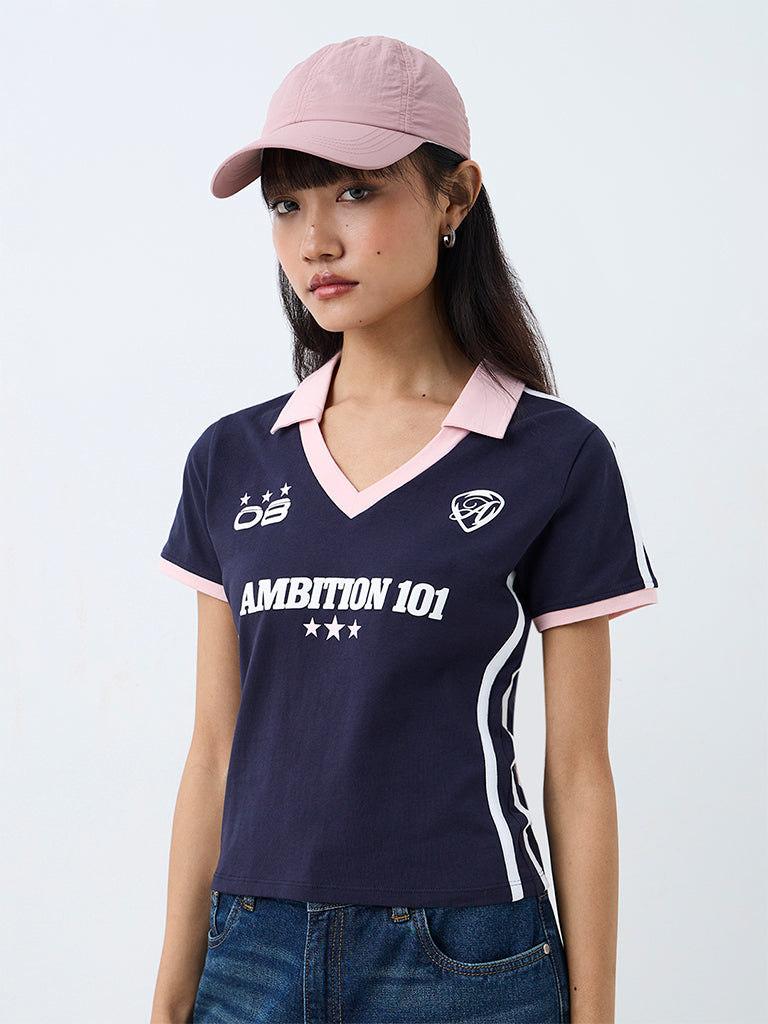 Nuon Navy Text Printed Cotton-Blend T-Shirt