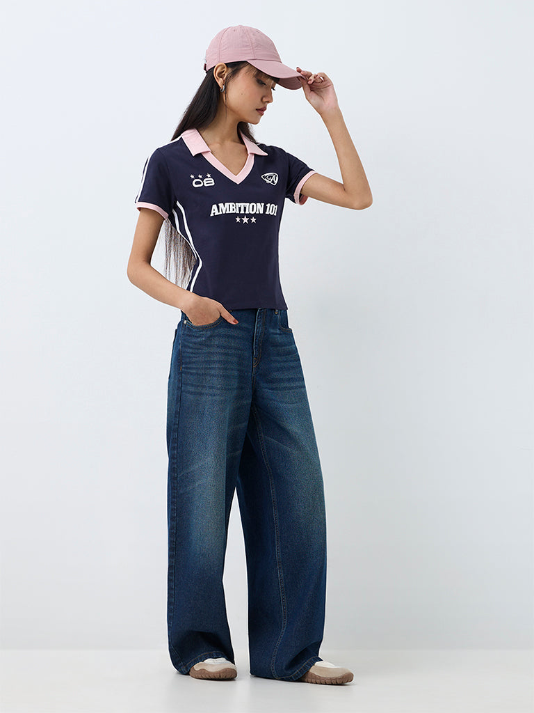 Nuon Navy Text Printed Cotton-Blend T-Shirt