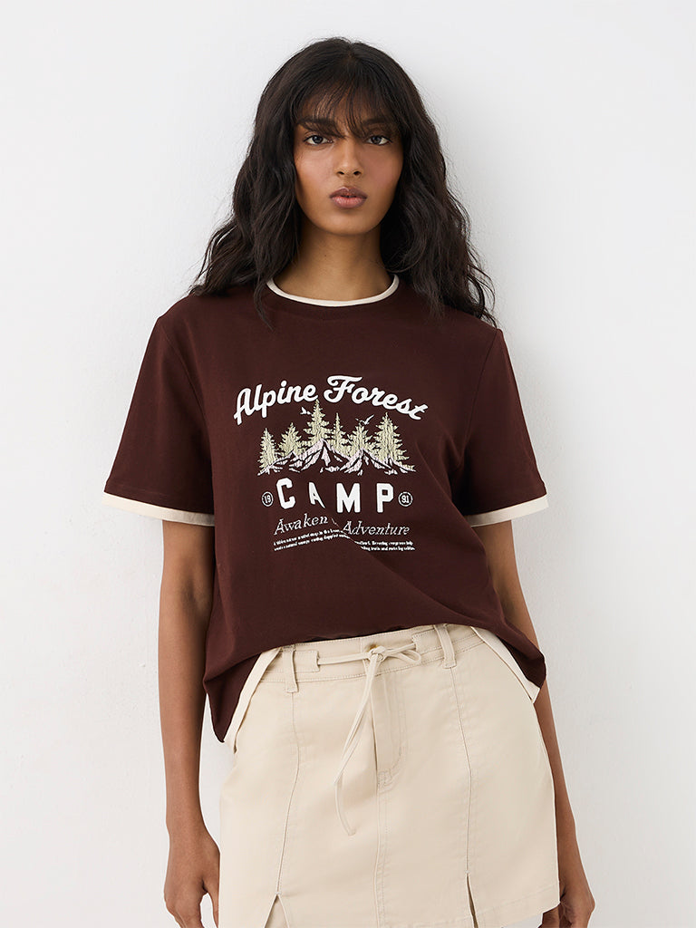 Nuon Dark Brown Graphic Printed Cotton T-Shirt