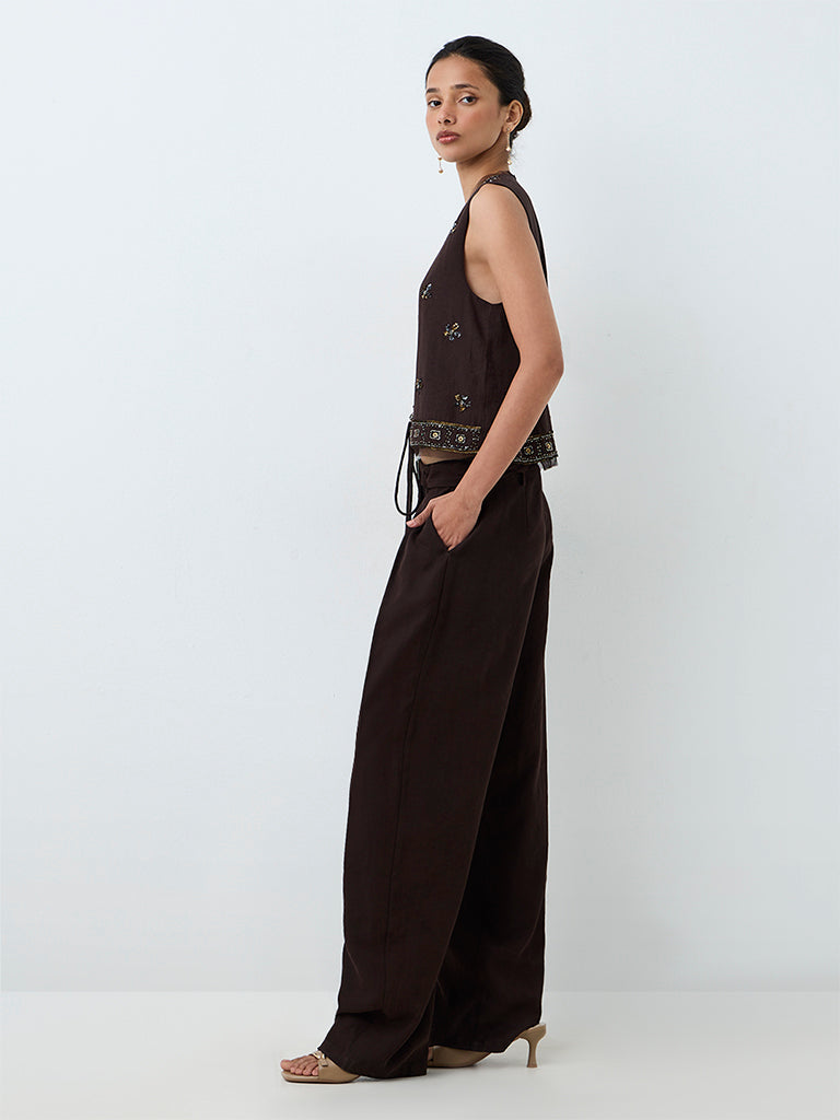 LOV Dark Brown Solid High-Waist Trousers with Belt