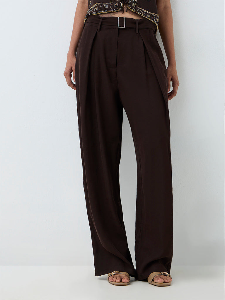 LOV Dark Brown Solid High-Waist Trousers with Belt