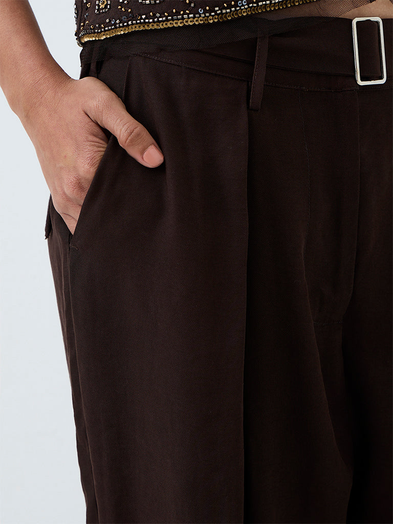 LOV Dark Brown Solid High-Waist Trousers with Belt