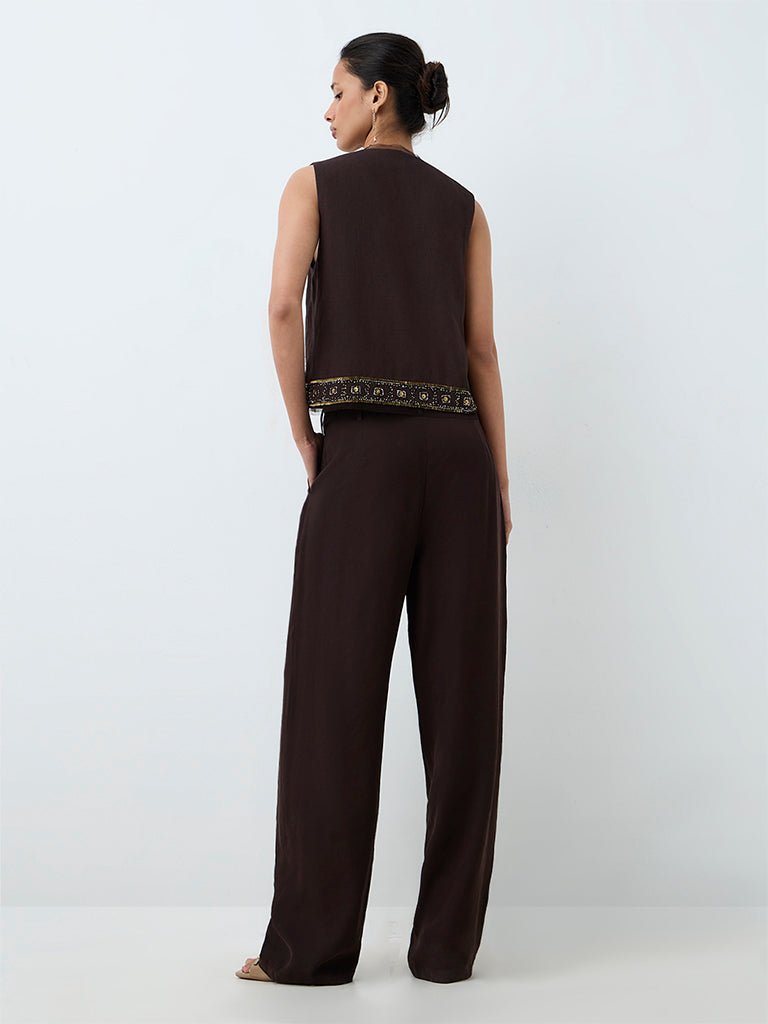 LOV Dark Brown Solid High-Waist Trousers with Belt