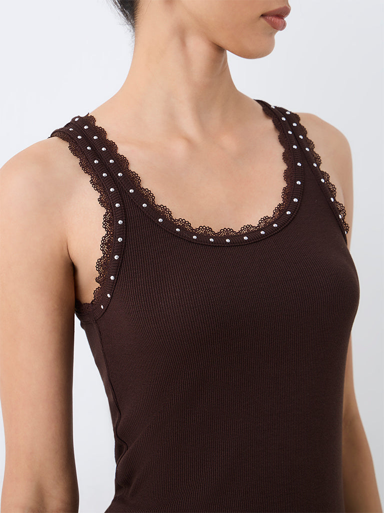 LOV Dark Brown Lace-Detail Ribbed Top
