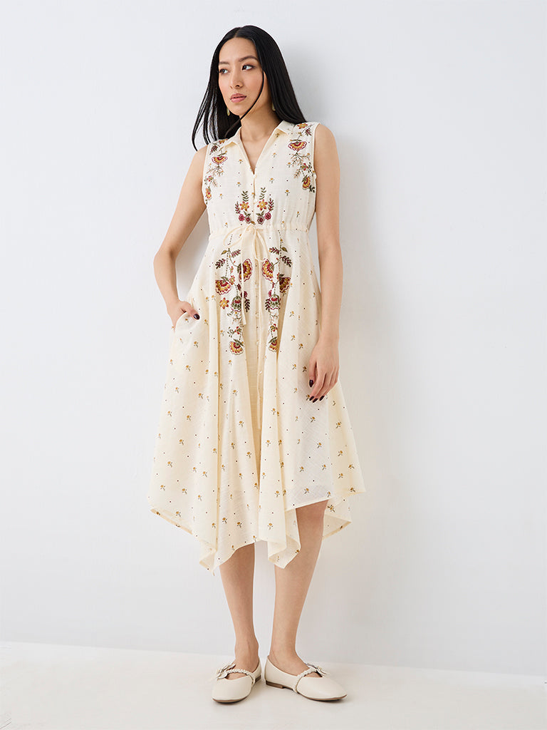 Bombay Paisley Off-White Floral Embroidered Cotton Asymmetrical Dress