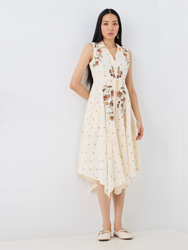 Bombay Paisley Off-White Floral Embroidered Cotton Asymmetrical Dress