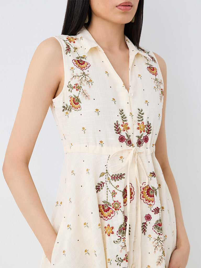 Bombay Paisley Off-White Floral Embroidered Cotton Asymmetrical Dress